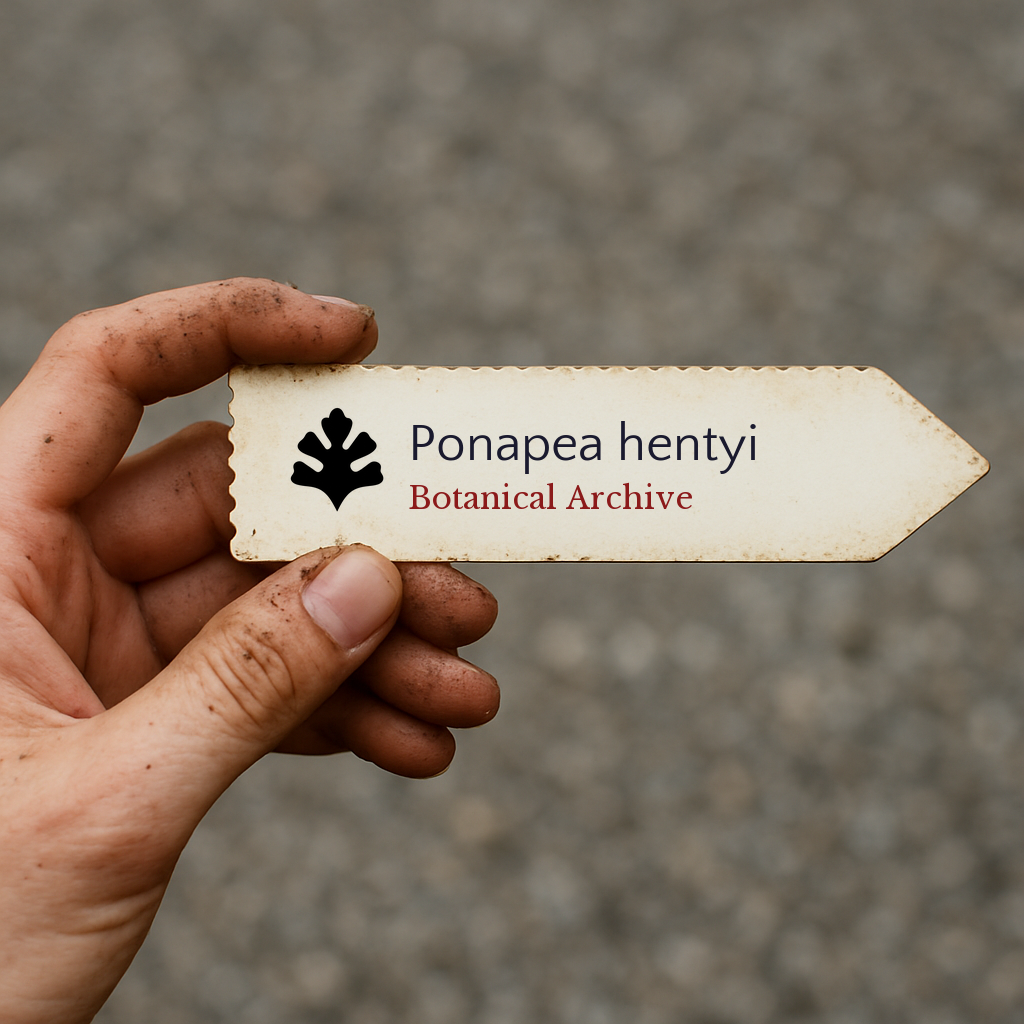 Printed plant label for Ponapea hentyi held by dirty hand on blurred background