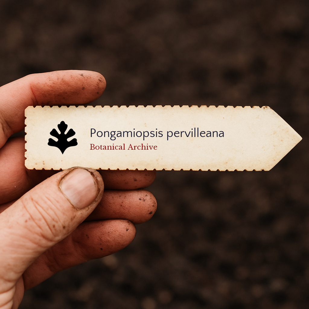Printed plant label for Pongamiopsis pervilleana held over soil background