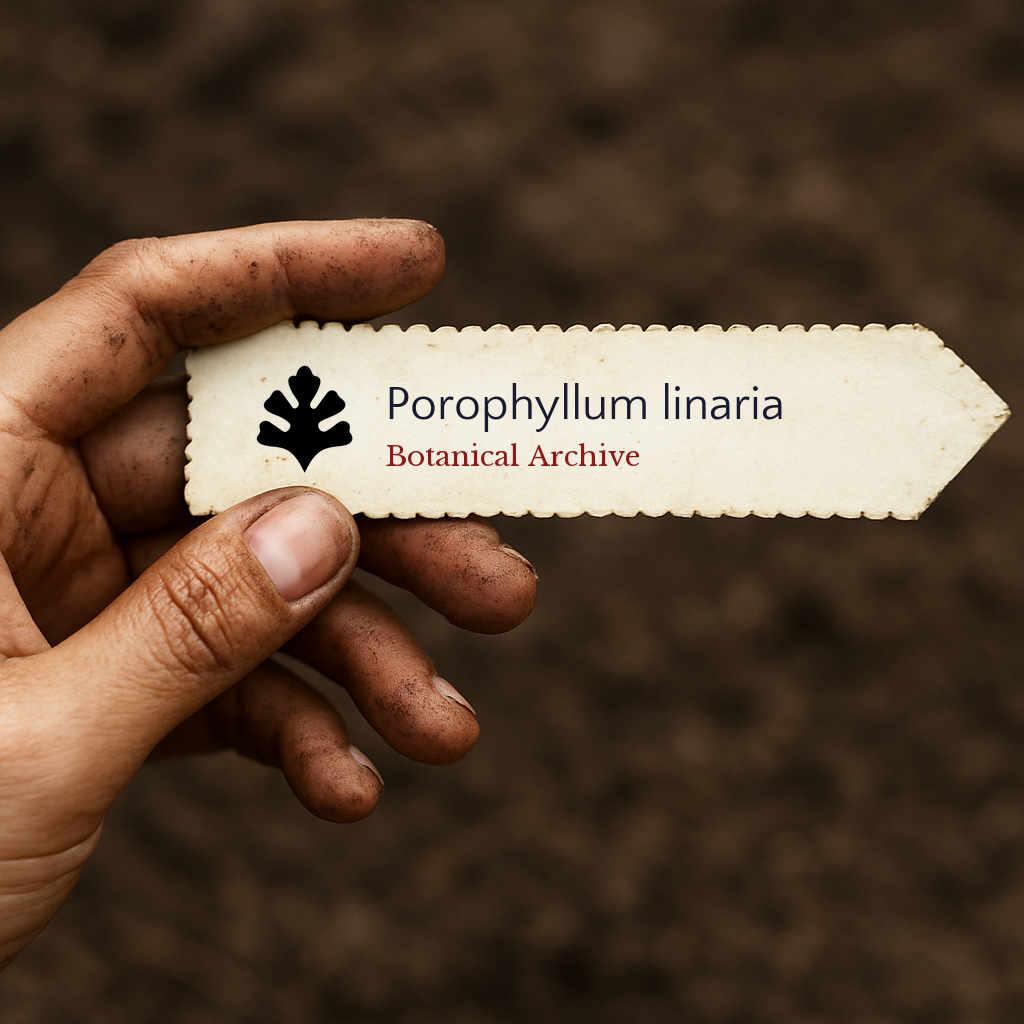 Etichetta per pianta stampata per Porophyllum linaria tenuta da mano sporca su sfondo di terreno