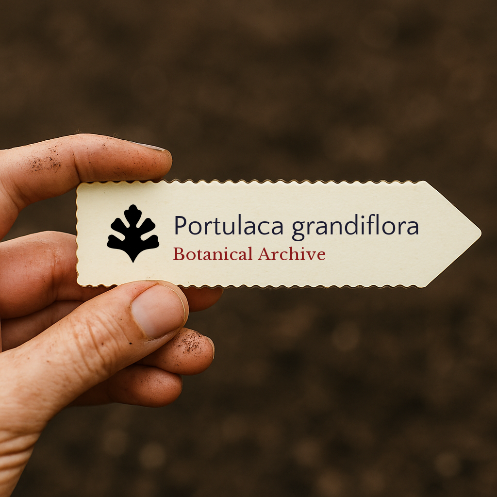 Printed plant label for Portulaca grandiflora held by hand over soil background