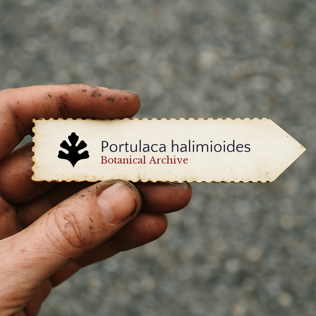 Printed plant label for Portulaca halimioides held by dirty hand outdoors
