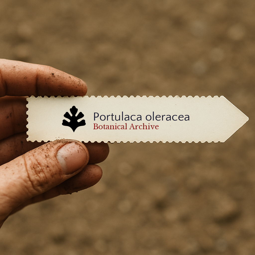 Etichetta stampata per pianta di Portulaca oleracea tenuta da una mano sporca sopra uno sfondo di terreno