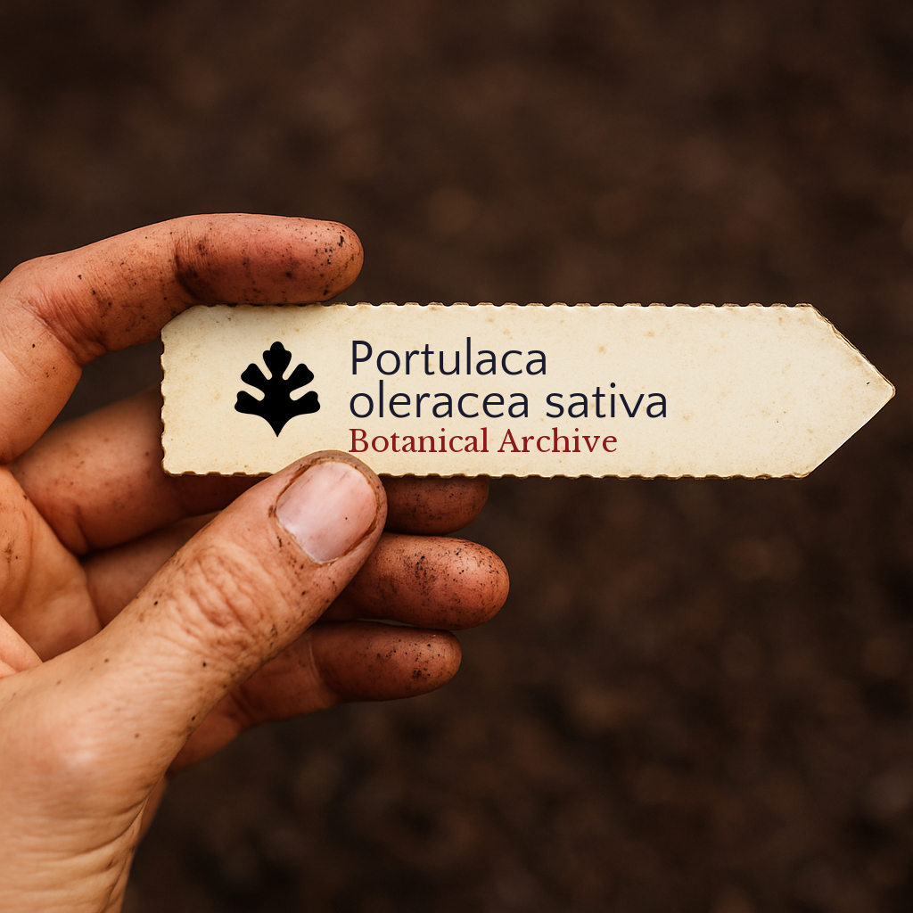 Etichetta stampata per pianta di Portulaca oleracea sativa tenuta da mano sporca su sfondo di terreno