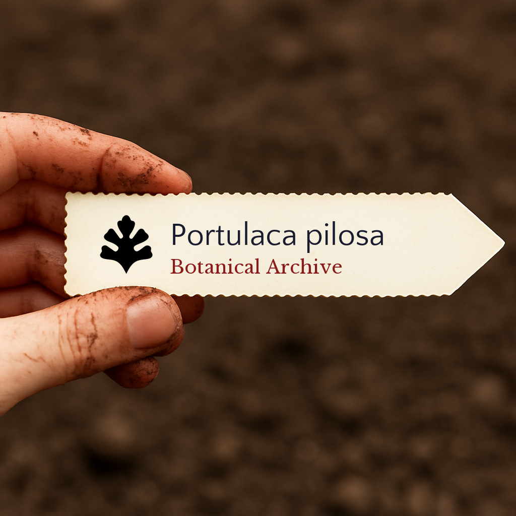 Etichetta per piante stampata per Portulaca pilosa tenuta da una mano sporca su sfondo di terreno