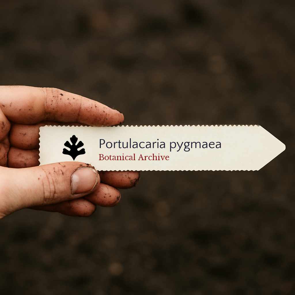 Printed plant label for Portulacaria pygmaea held by dirty hand over soil background
