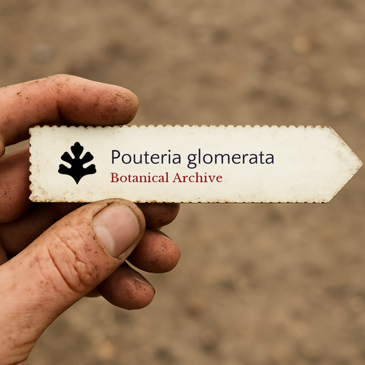 Printed plant label for Pouteria glomerata held by dirty hand with blurred soil background
