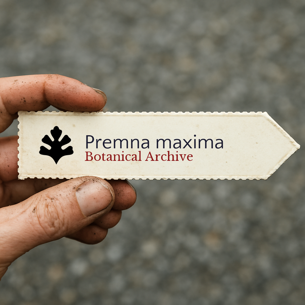 Printed plant label for Premna maxima with botanical archive logo held by hand