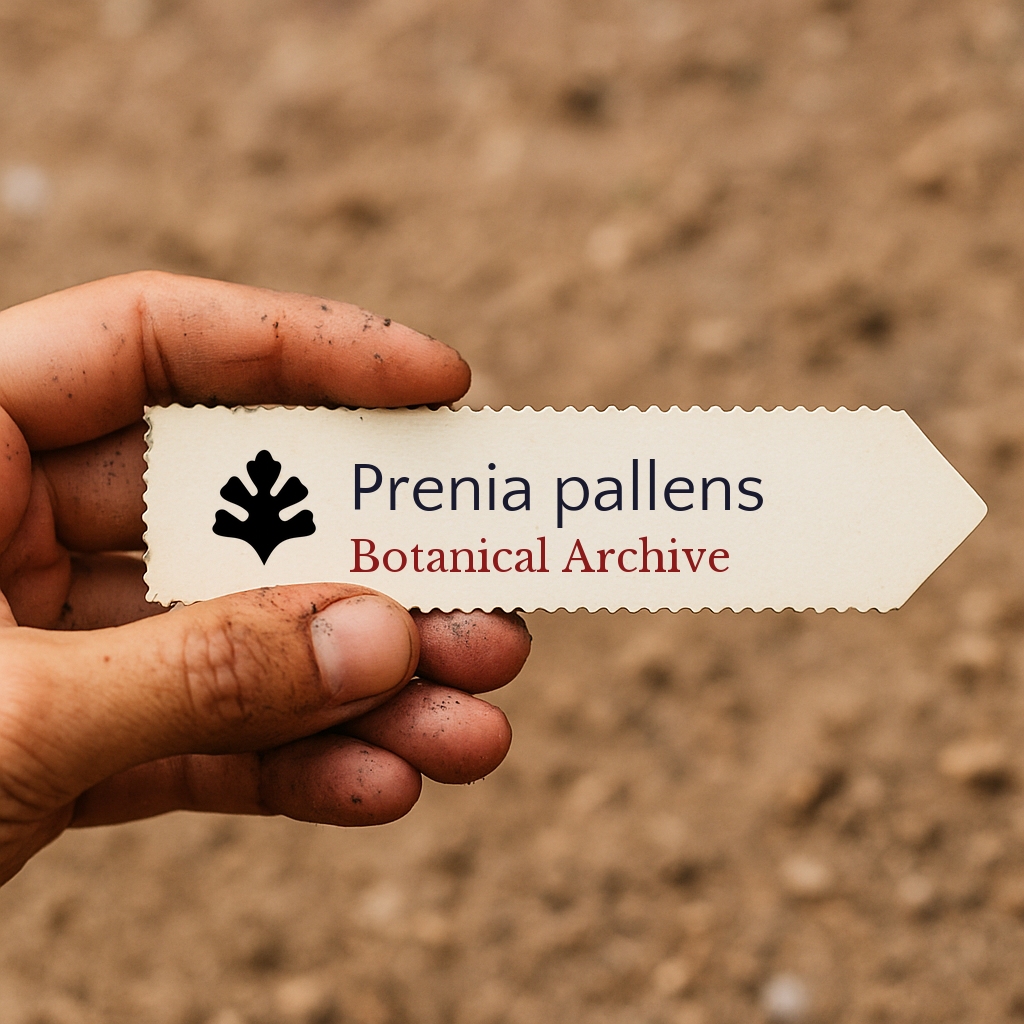 Printed plant label for Prenia pallens held by hand with soil background
