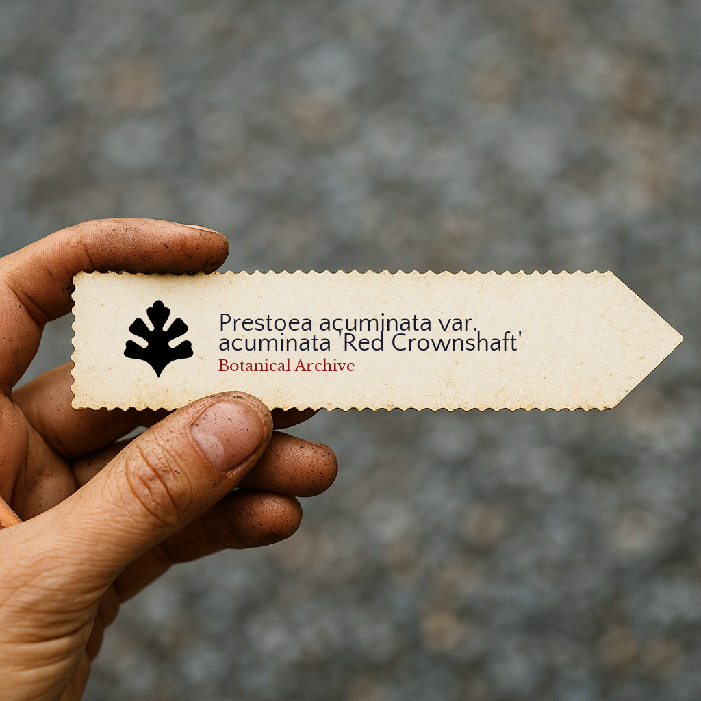 Printed plant label for Prestoea acuminata var. acuminata 'Red Crownshaft' held by hand