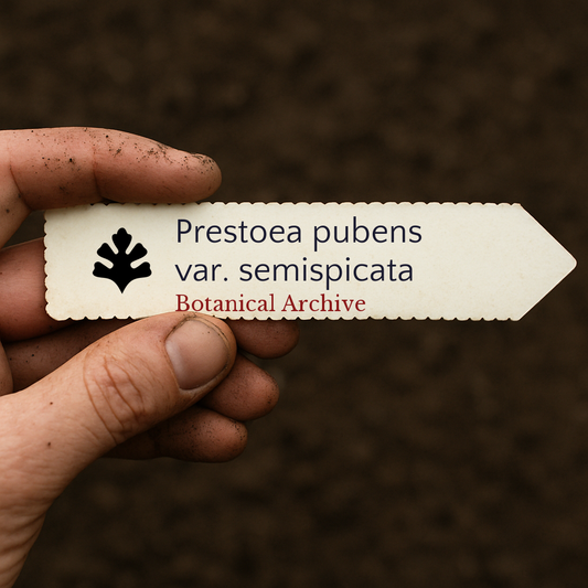 Printed plant label for Prestoea pubens var. semispicata held by hand over soil background