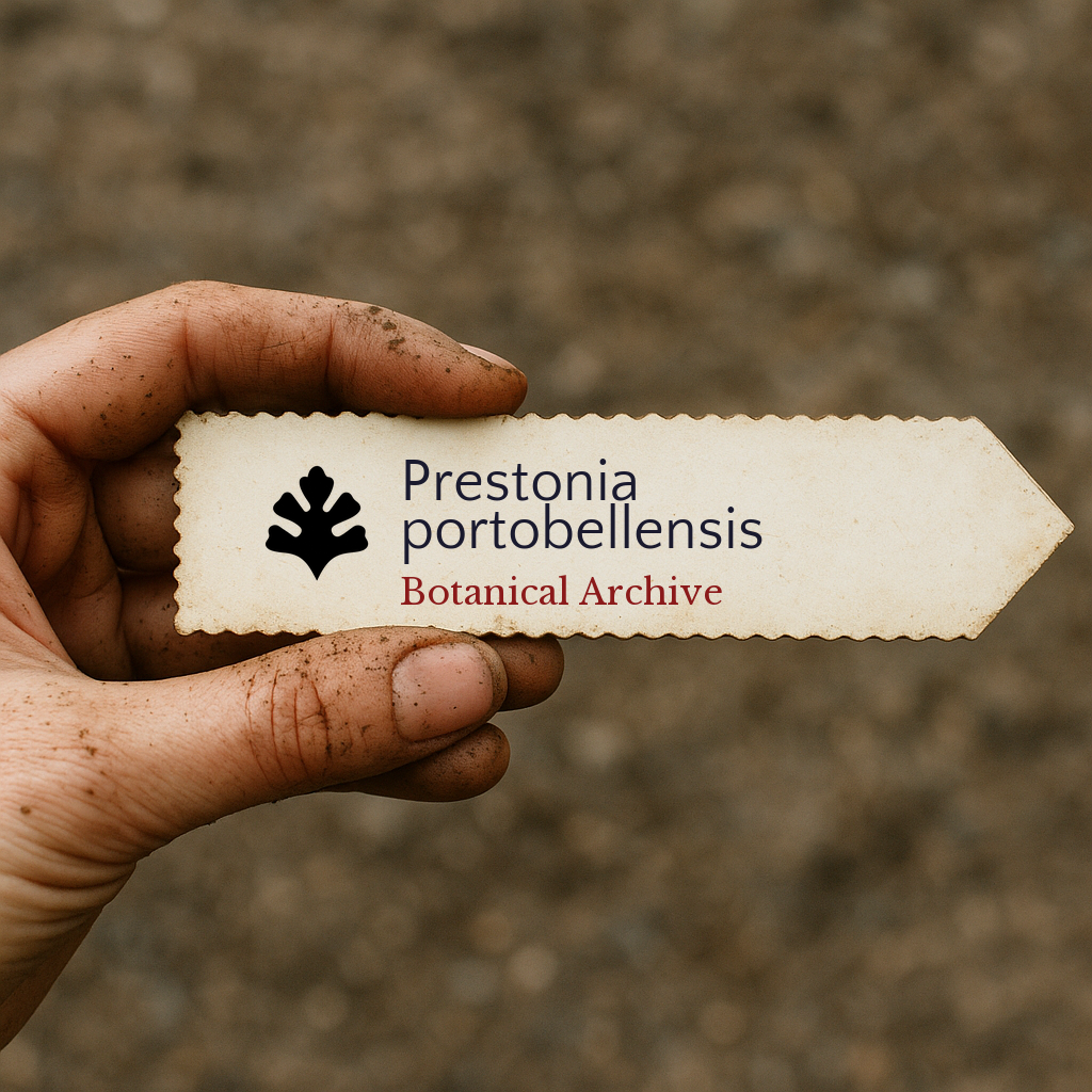 Printed plant label for Prestonia portobellensis held by a dirt-covered hand