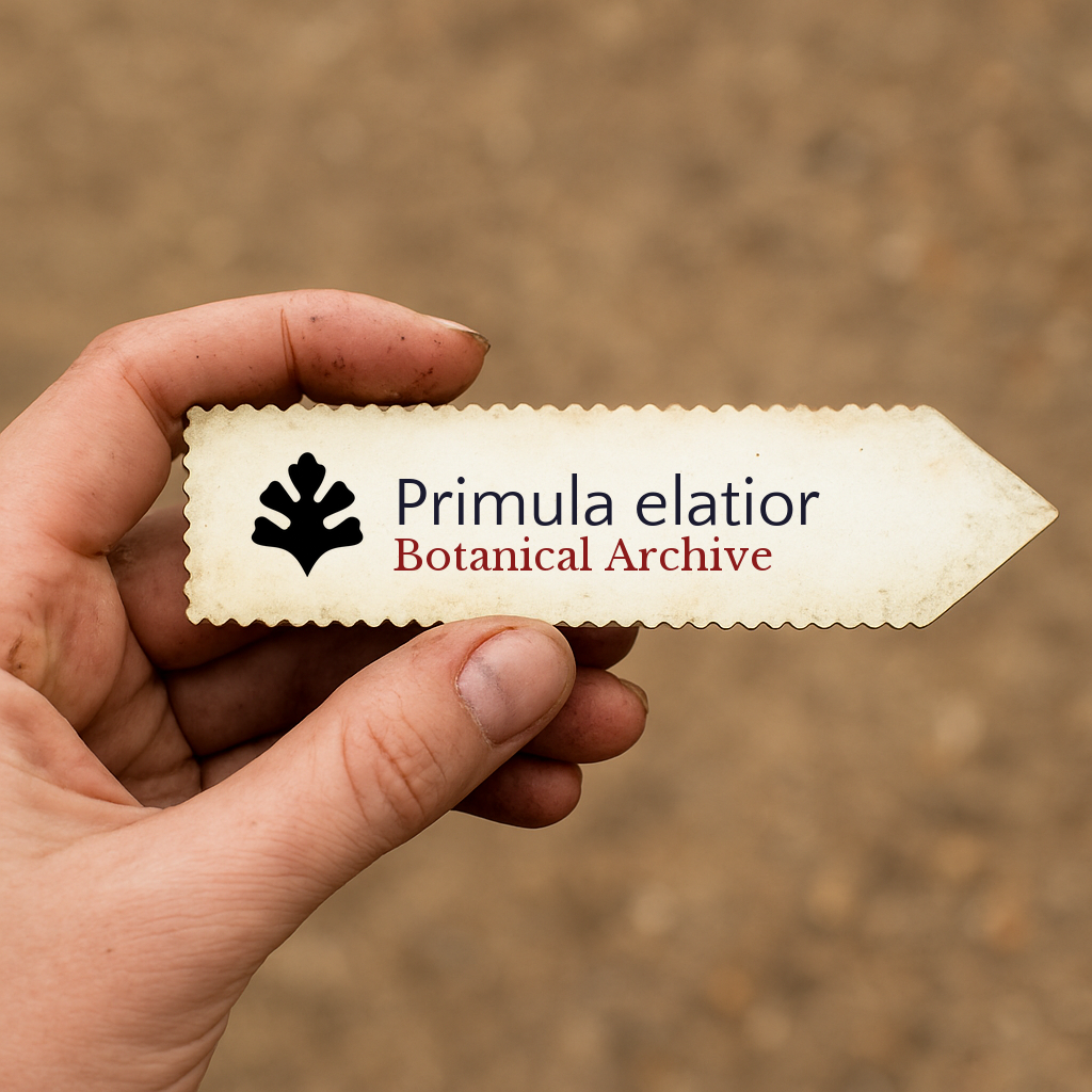 Etichetta per pianta stampata per Primula elatior con logo Botanical Archive tenuta in mano