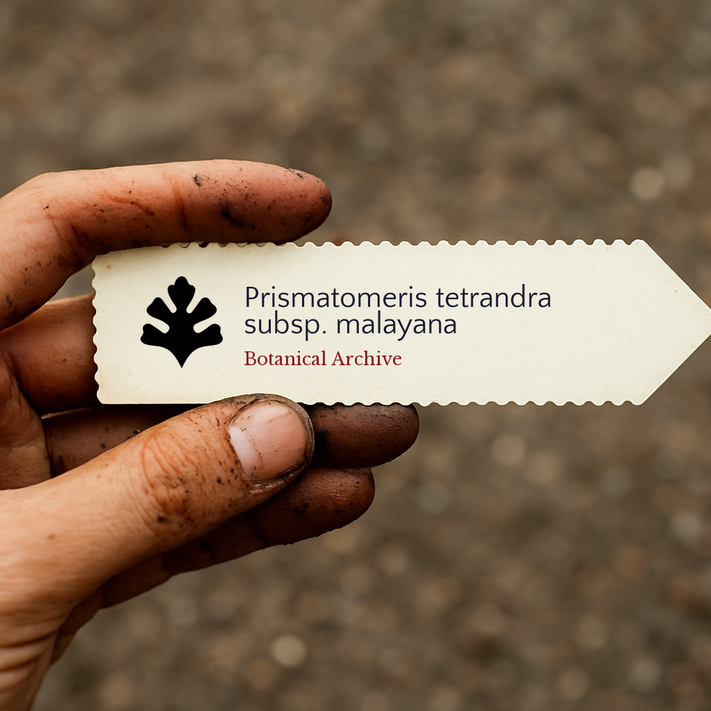 Printed plant label for Prismatomeris tetrandra subsp. malayana held by dirty hand outdoors