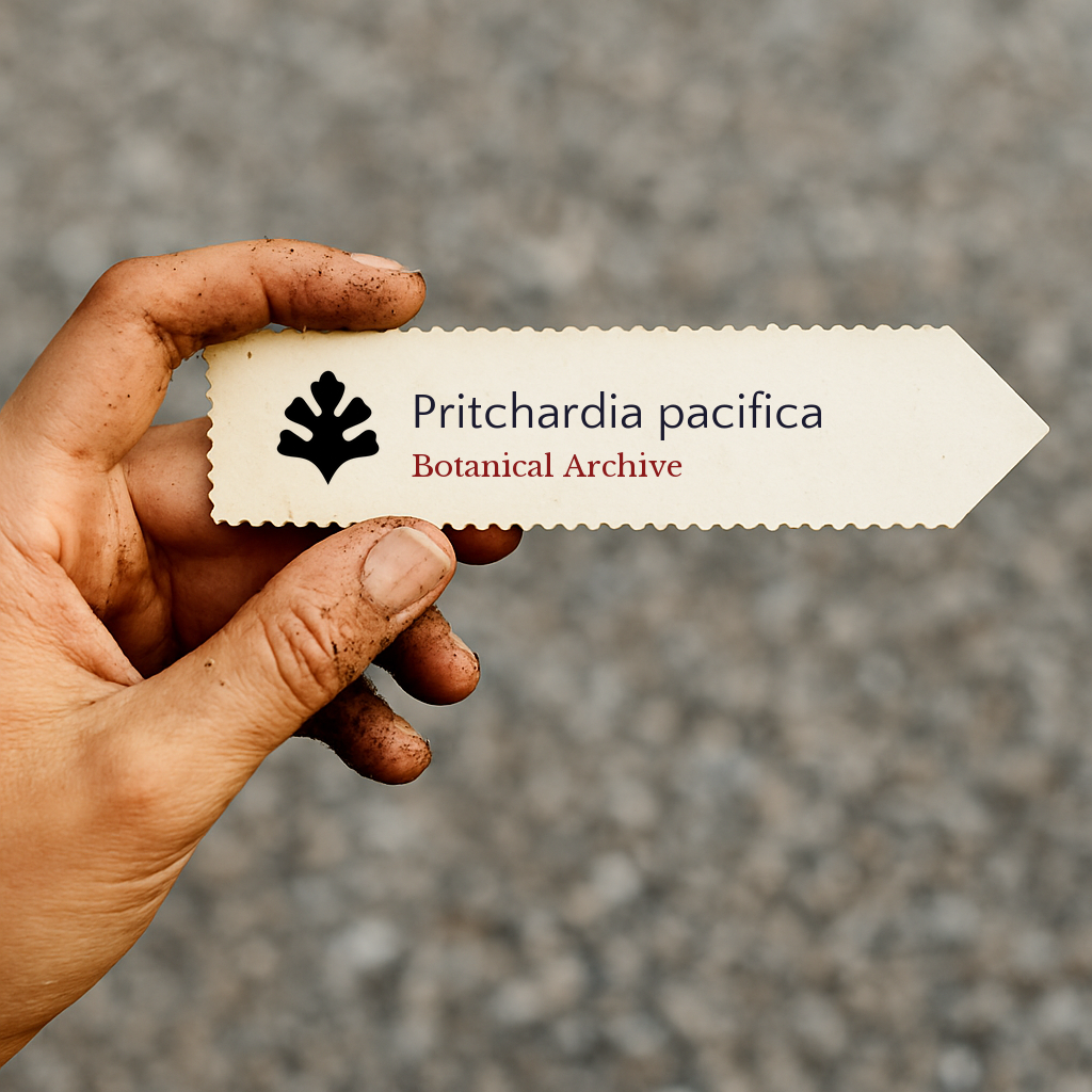 Printed plant label for Pritchardia pacifica held by dirty hand outdoors