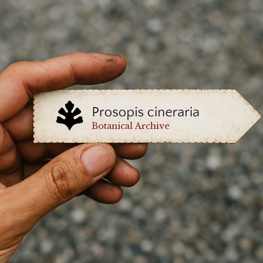 Printed plant label for Prosopis cineraria held by hand with dirt on fingers