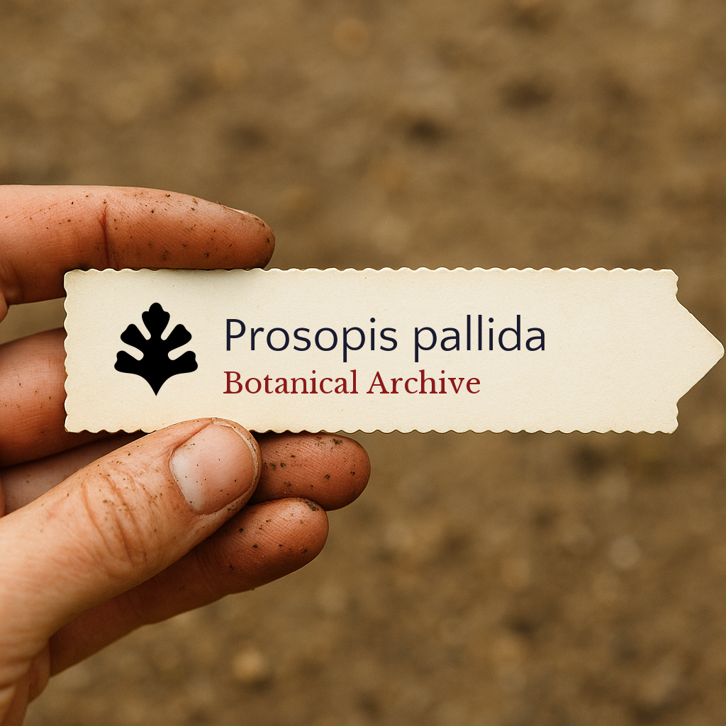 Printed plant label for Prosopis pallida held by a hand with soil background