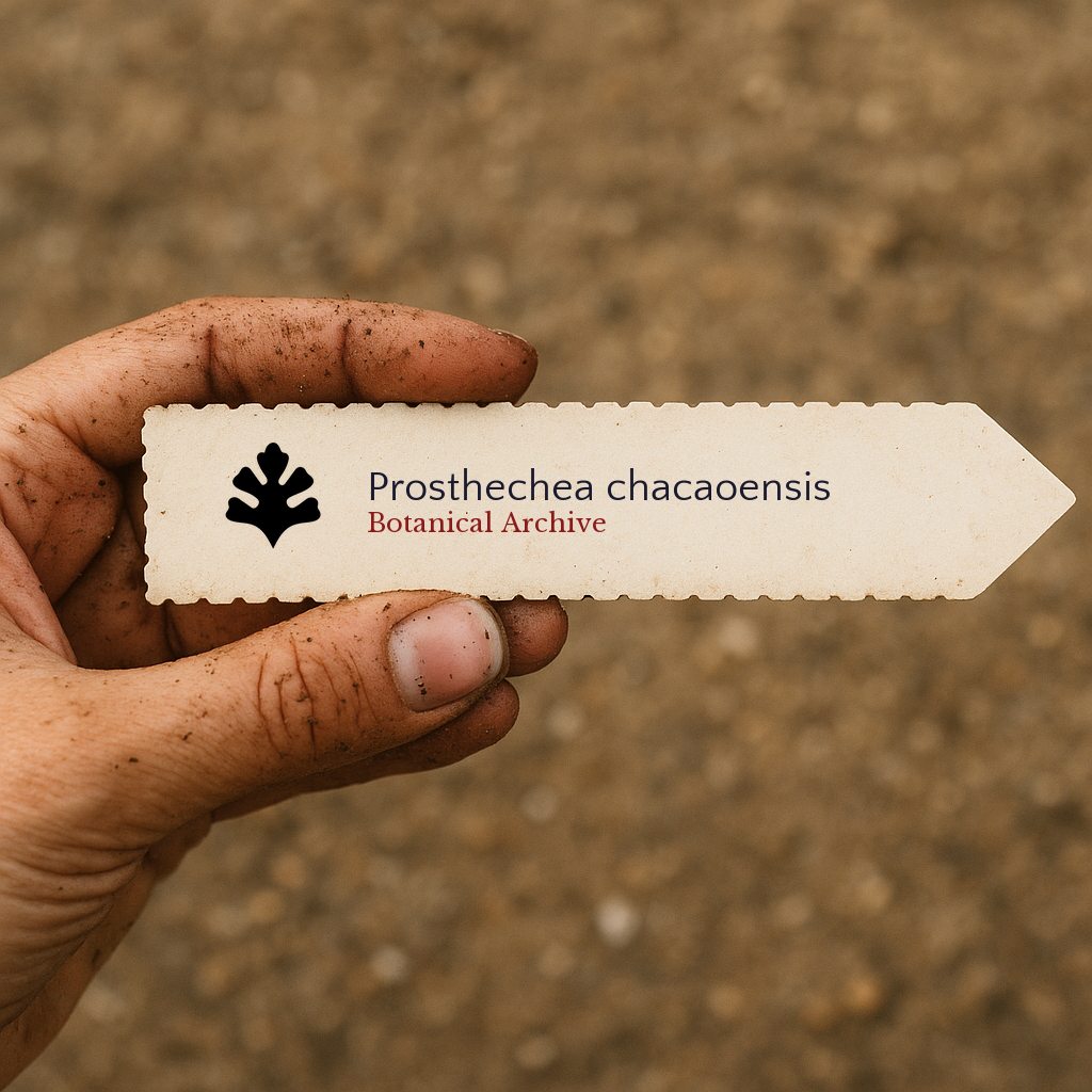 Printed plant label for Prosthechea chacaoensis held by dirty hand outdoors