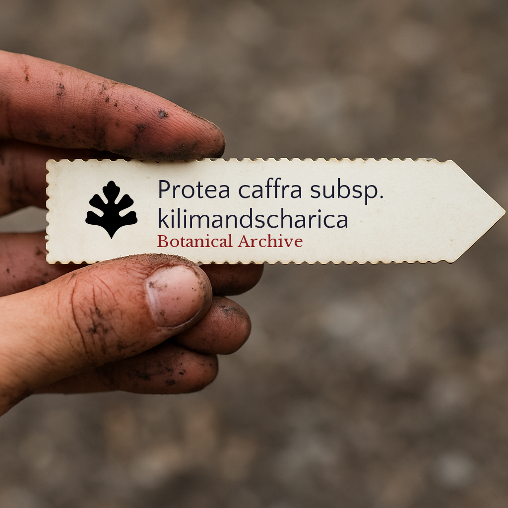 Printed plant label for Protea caffra subsp. kilimandscharica held by dirty hand outdoors