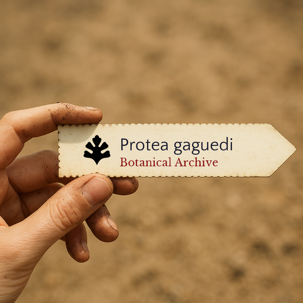 Printed plant label for Protea gaguedi held by dirty hand with blurred soil background