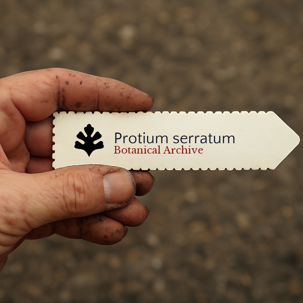Printed plant label for Protium serratum held by dirty hand over soil background