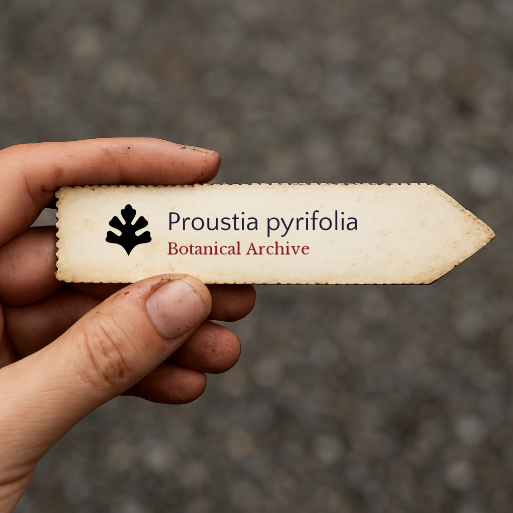 Printed plant label for Proustia pyrifolia held by hand with dirt on fingers