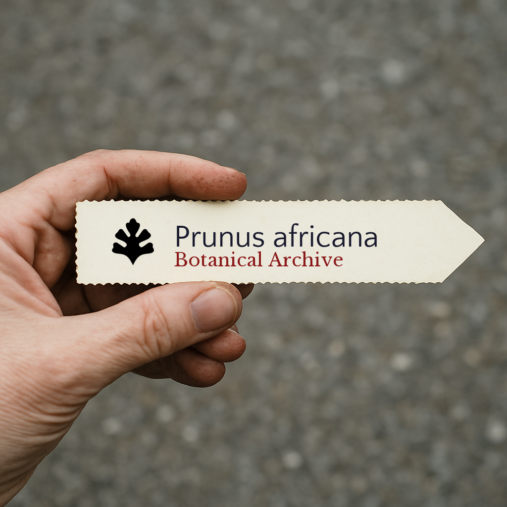 Printed plant label for Prunus africana Botanical Archive held in hand