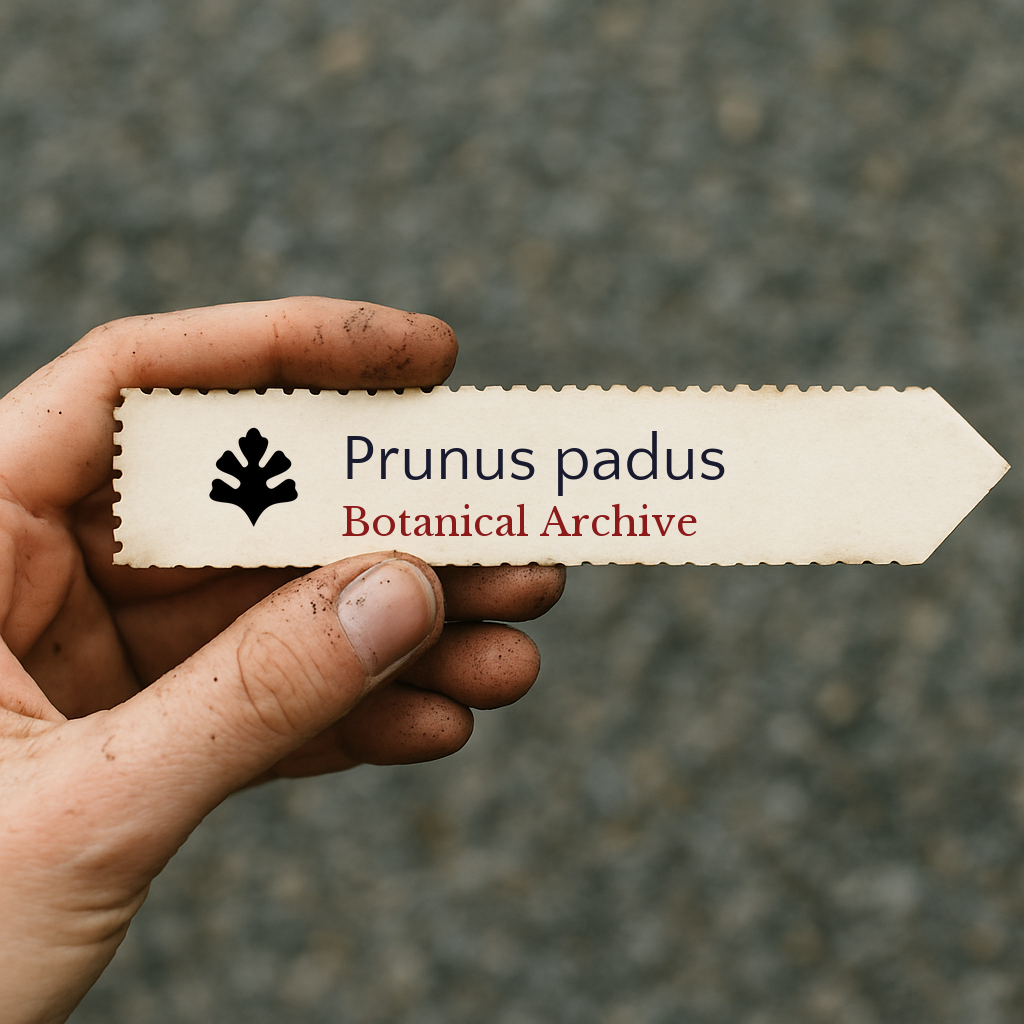 Printed plant label for Prunus padus held by a dirt-stained hand against blurred background