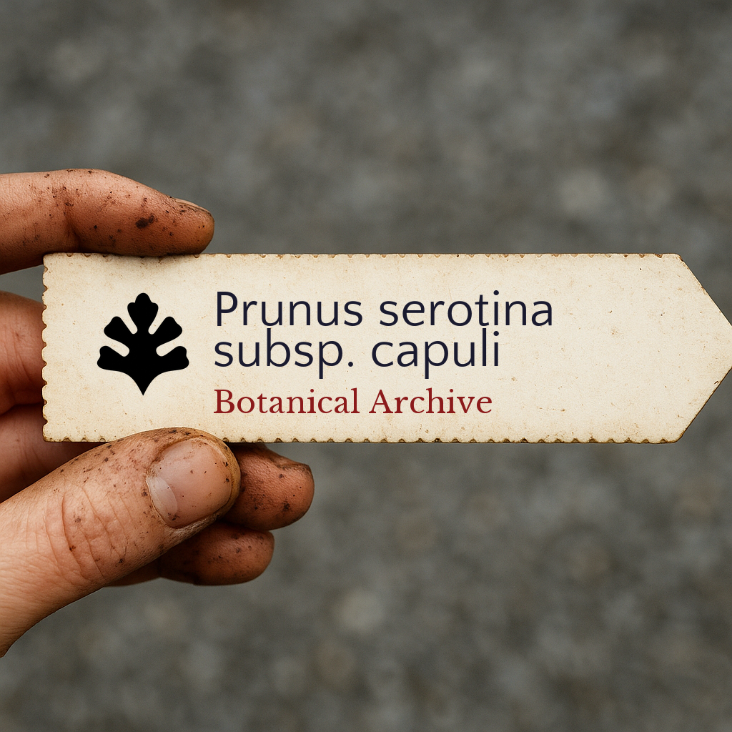 Etichetta stampata della pianta per Prunus serotina subsp. capuli tenuta da una mano sporca all'aperto