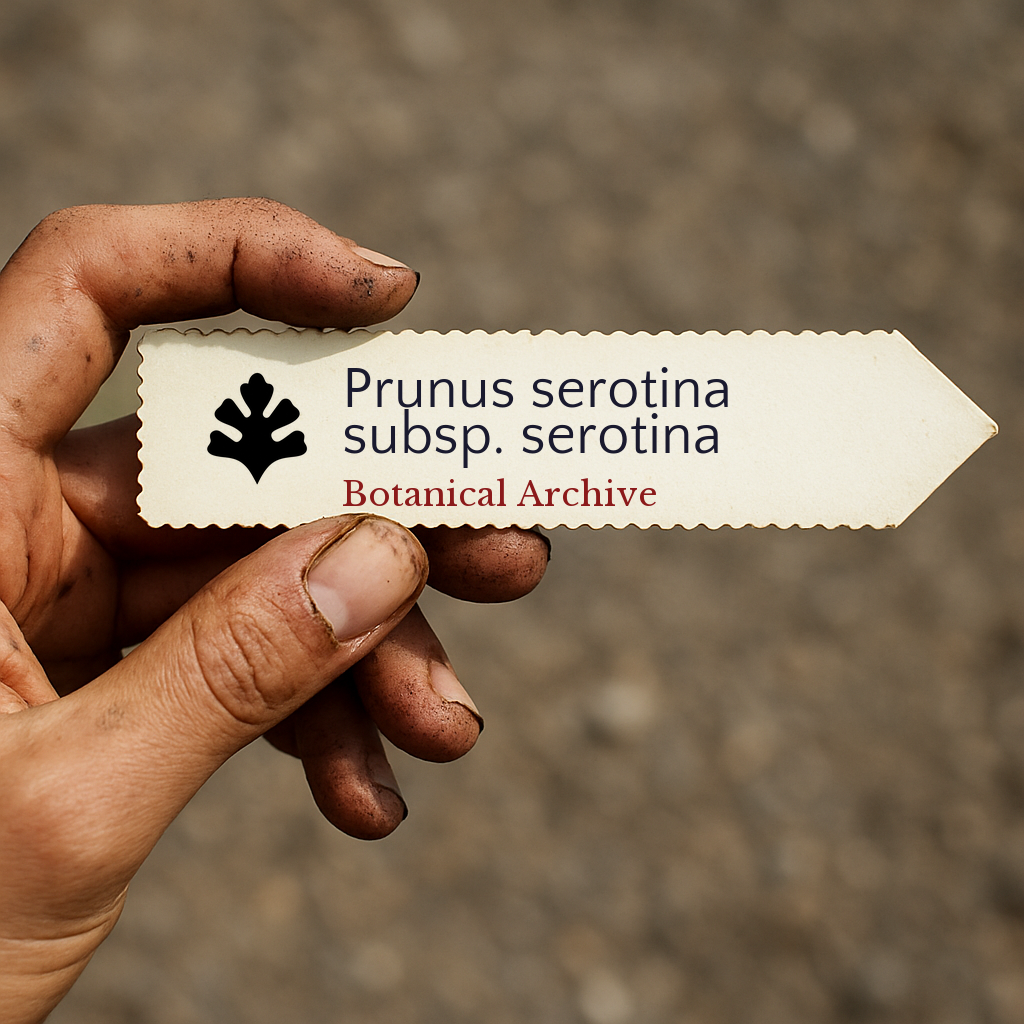 Printed plant label for Prunus serotina subsp. serotina held by hand with dirt background
