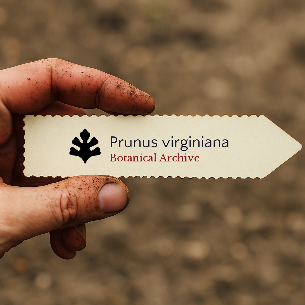 Etichetta per piante stampata per Prunus virginiana tenuta da una mano sporca di terra all'aperto