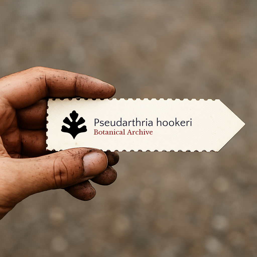 Printed plant label for Pseudarthria hookeri with botanical archive logo held by dirty hand