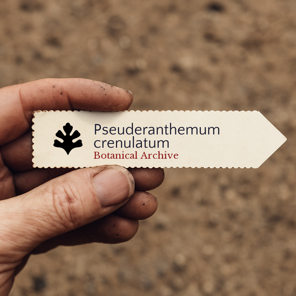 Printed plant label for Pseuderanthemum crenulatum held by hand over soil background