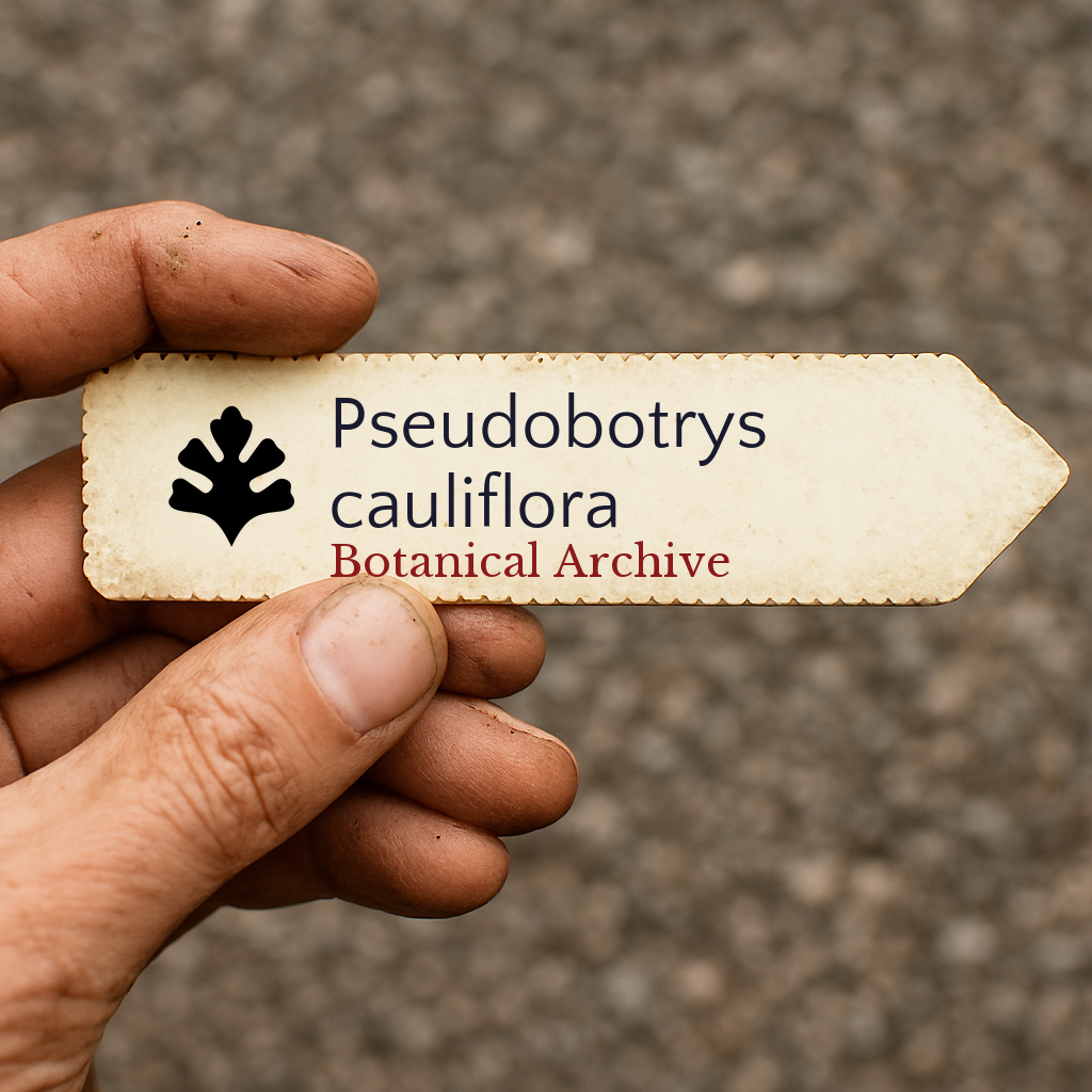 Printed plant label for Pseudobotrys cauliflora held by hand with textured background