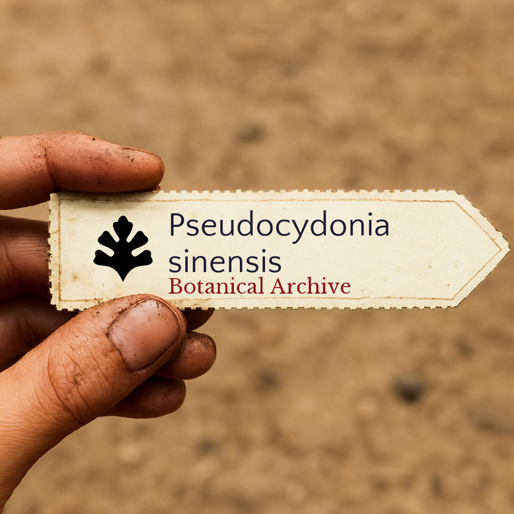 Printed botanical archive label for Pseudocydonia sinensis held by hand with dirt background