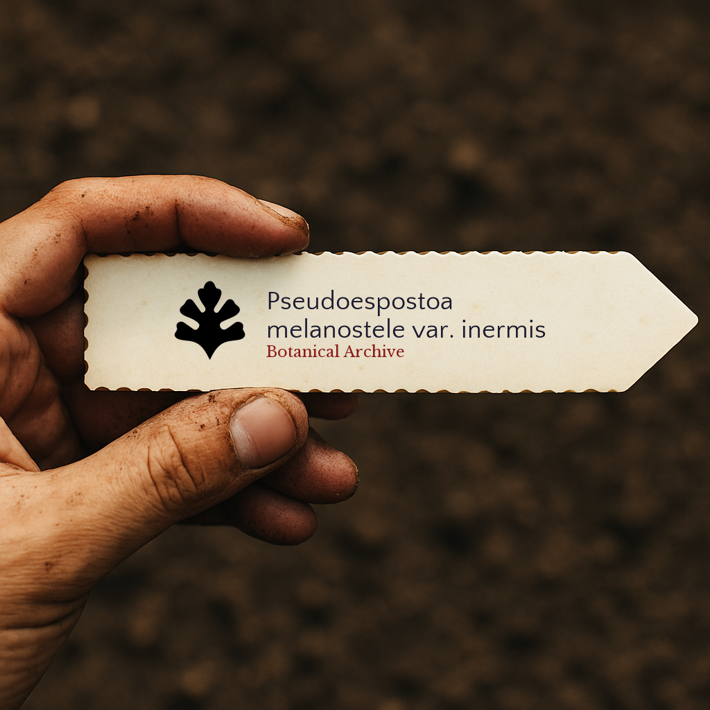 Printed plant label for Pseudoespostoa melanostele var. inermis held by hand over soil background