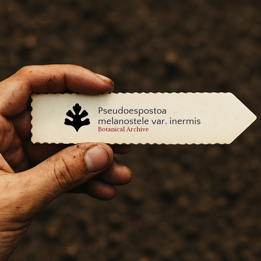 Printed plant label for Pseudoespostoa melanostele var. inermis held over soil background