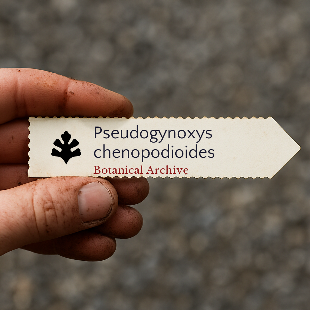 Printed plant label for Pseudogynoxys chenopodioides held by dirty hand outdoors