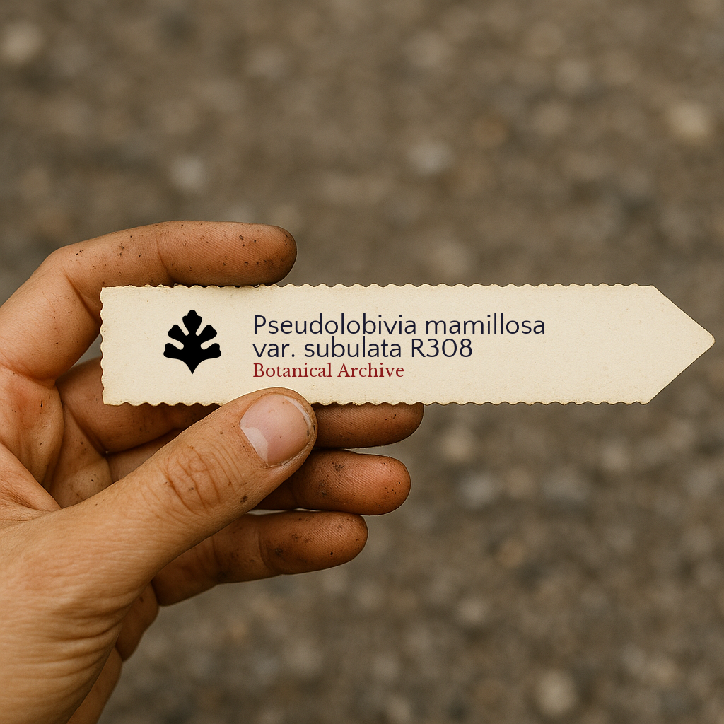 Printed plant label for Pseudolobivia mamillosa var. subulata held in hand outdoors