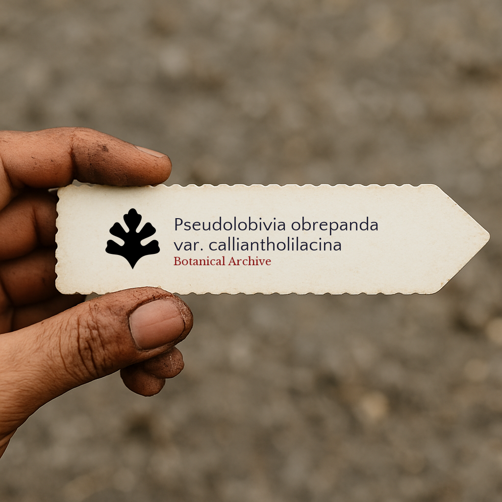 Printed plant label for Pseudolobivia obrepanda var. calliantholilacina held by hand