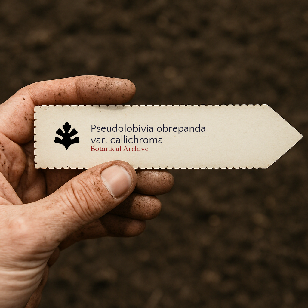 Etichetta per pianta stampata per Pseudolobivia obrepanda var. callichroma tenuta da una mano sporca su sfondo di terreno