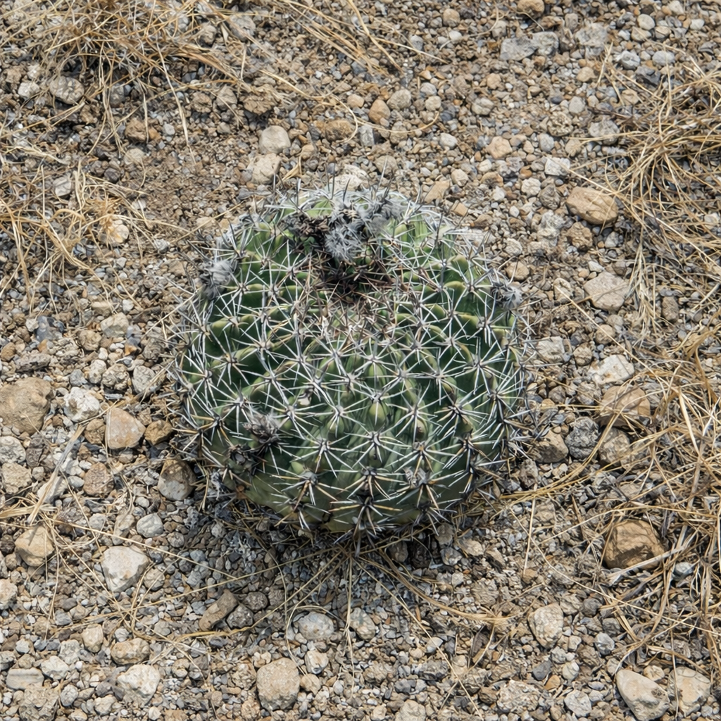 Pseudolobivia mamillosa round green cactus with white spines on rocky soil