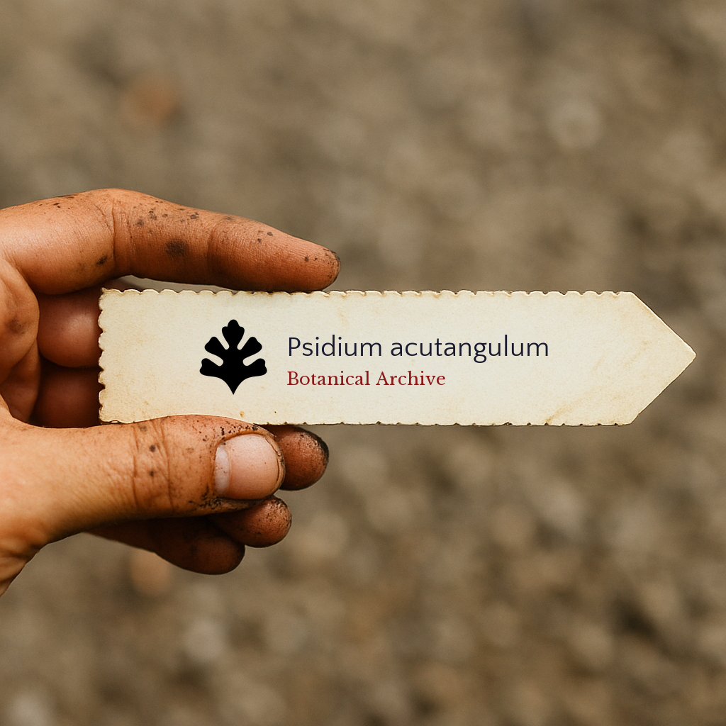 Printed plant label for Psidium acutangulum held by dirty hand with blurred soil background
