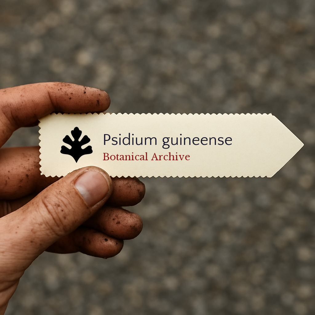 Etichetta stampata per pianta di Psidium guineense tenuta da mano sporca all'aperto