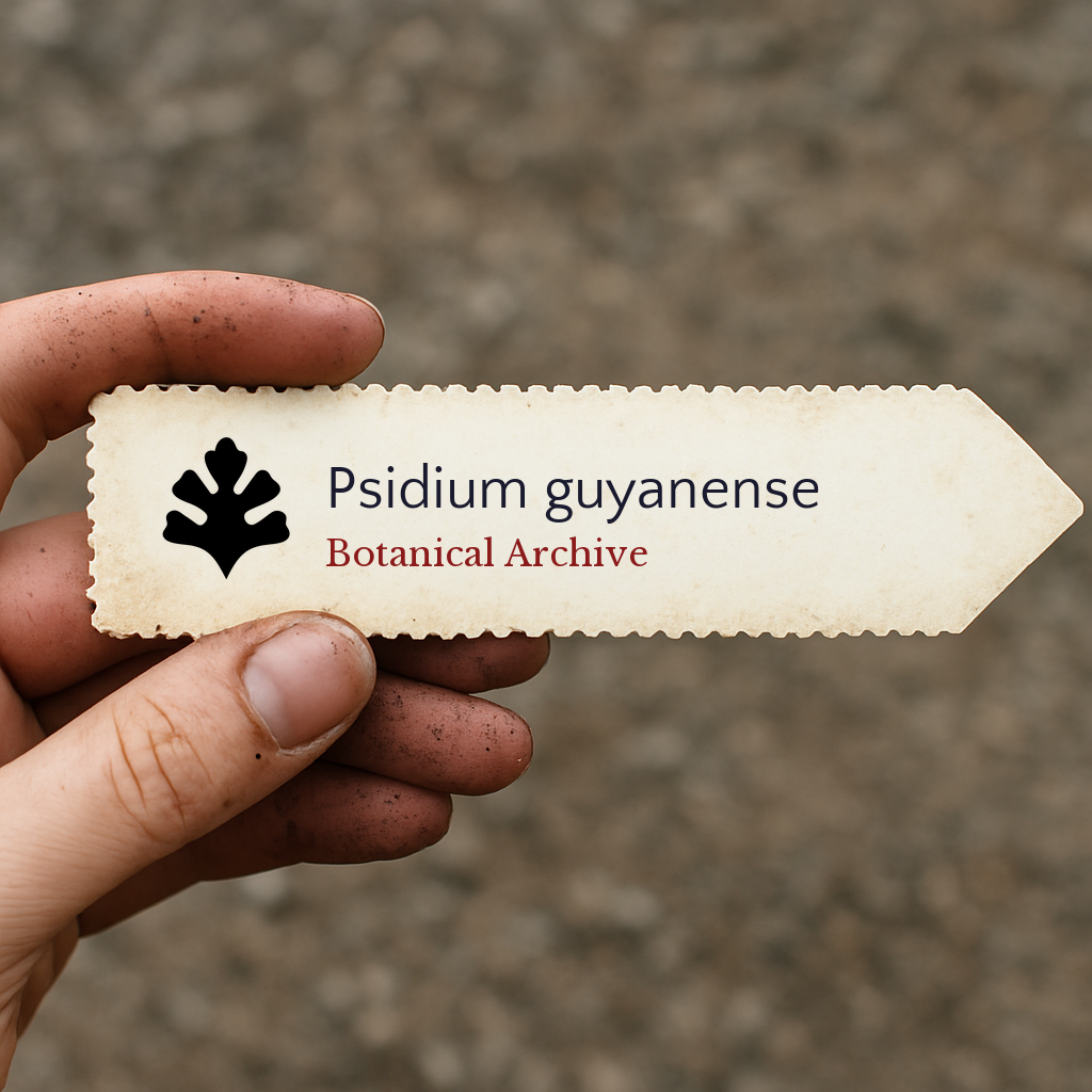 Printed plant label for Psidium guyanense held by hand with soil background