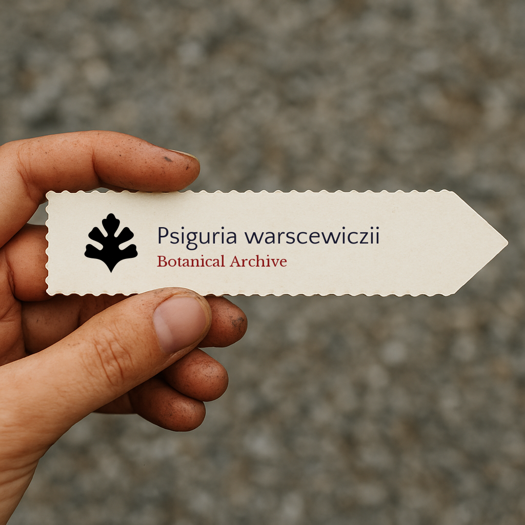 Printed plant label for Psiguria warscewiczii held by a hand with dirt background