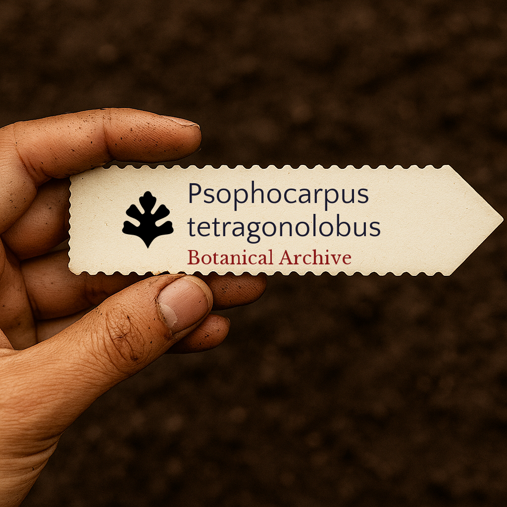 Printed plant label for Psophocarpus tetragonolobus held over soil background