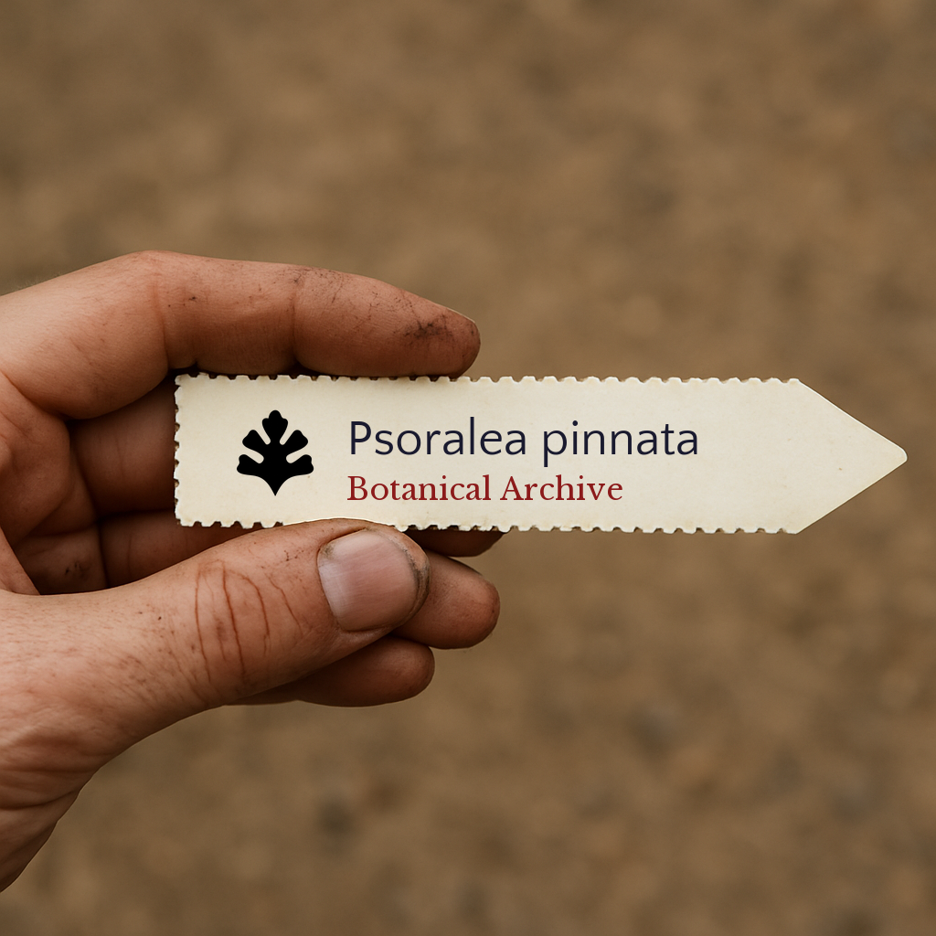 Printed plant label for Psoralea pinnata with botanical archive logo held in hand