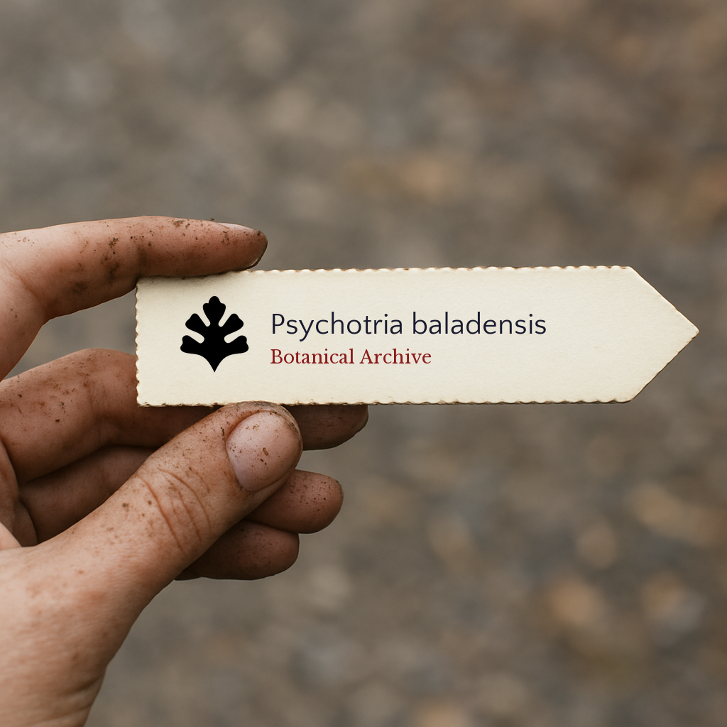 Printed plant label for Psychotria baladensis held by dirty hand outdoors