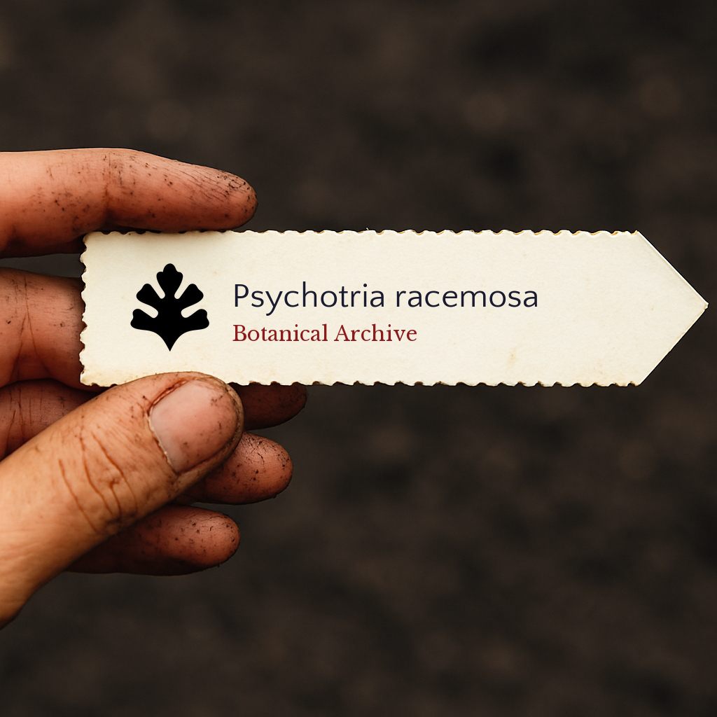 Printed plant label for Psychotria racemosa held by dirty hand against soil background