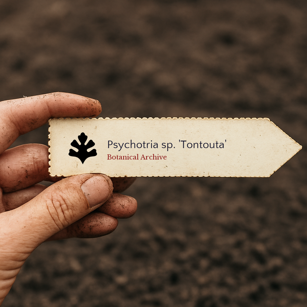 Etichetta stampata per pianta di Psychotria sp. 'Tontouta' tenuta da mano sporca su sfondo di terreno